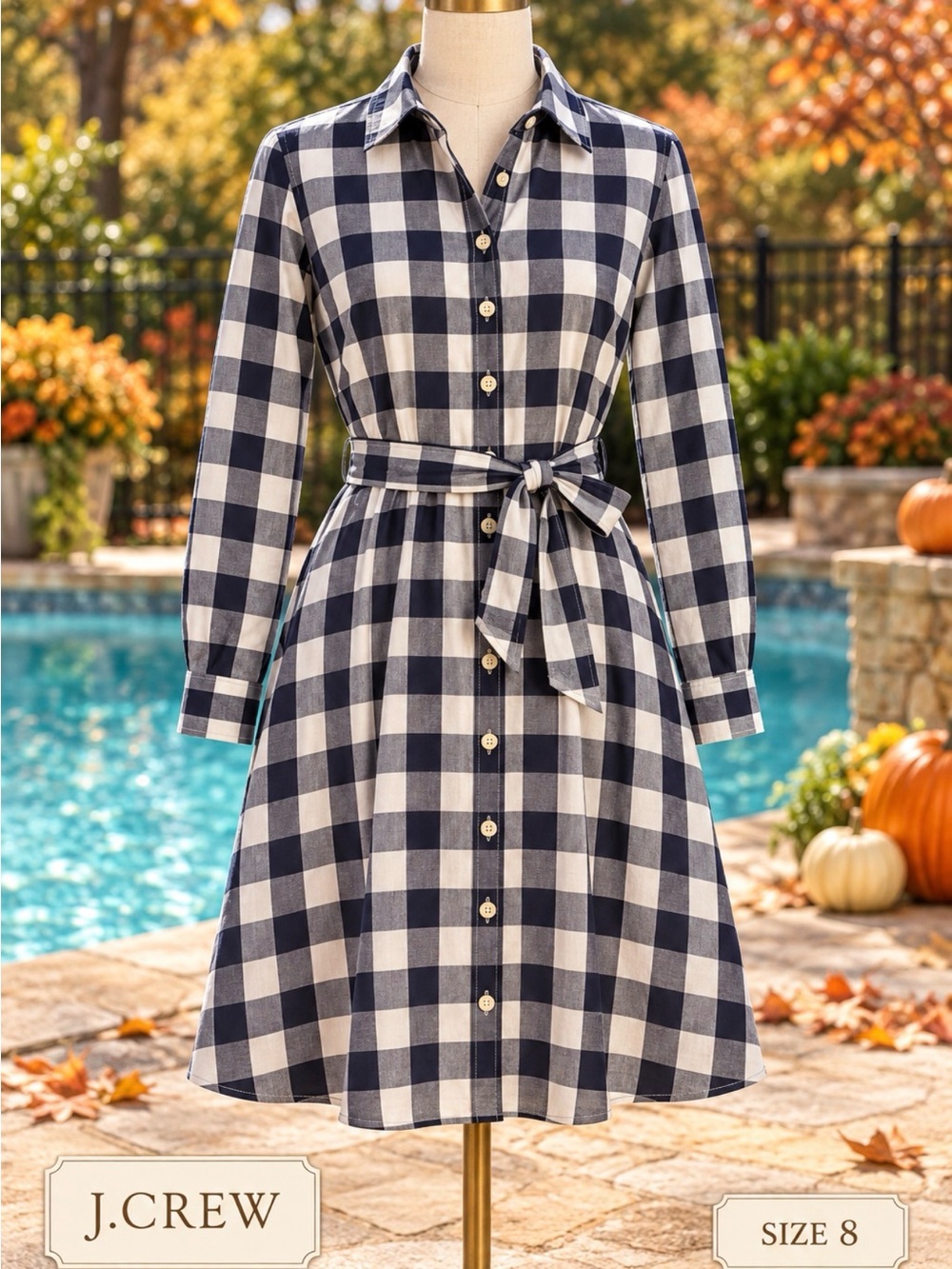J. Crew Navy and White Plaid Long-Sleeve Shirt Dress with Tie